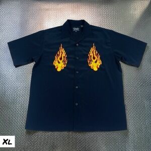 Y2K Dragonfly Shirt Mens XL Black Flame Embroidered Button‎ Up Bowling Hot Rod